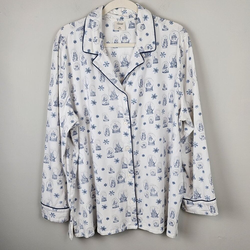 Soma sz XXL pajama top white blue snowflake snow globe Long sleeve Buttons up